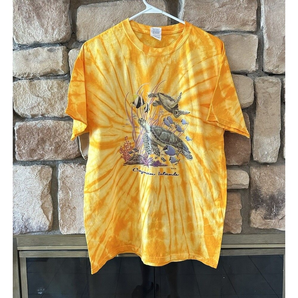 VTG 2005 Tie Dye NEXT Yellow Fish Sea Life Turtle T Shirt Cayman Islands Size L
